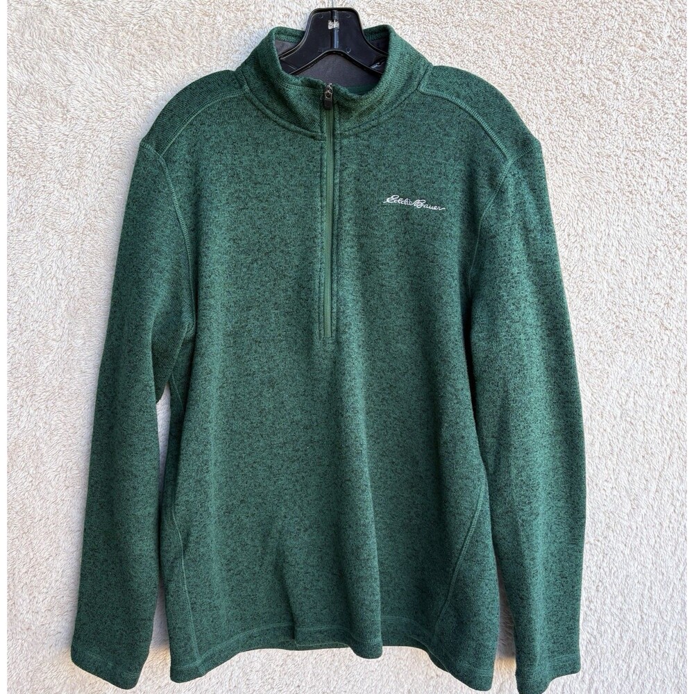Eddie Bauer 1/4 Zip Pullover Mens Sz M Dark Heather Green Fleece Lined Sweater